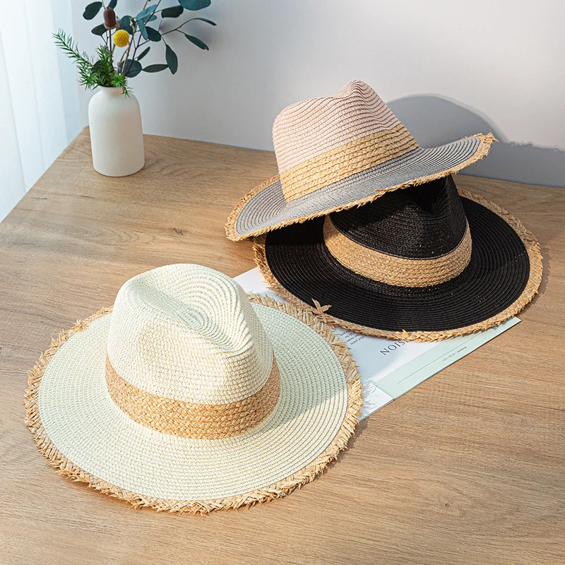 Ladies Summer Hat Retro Color Matching Straw Sunscreen Sun Visor Jazz Top Big Brim Vacation Beach | Аксессуары для одежды