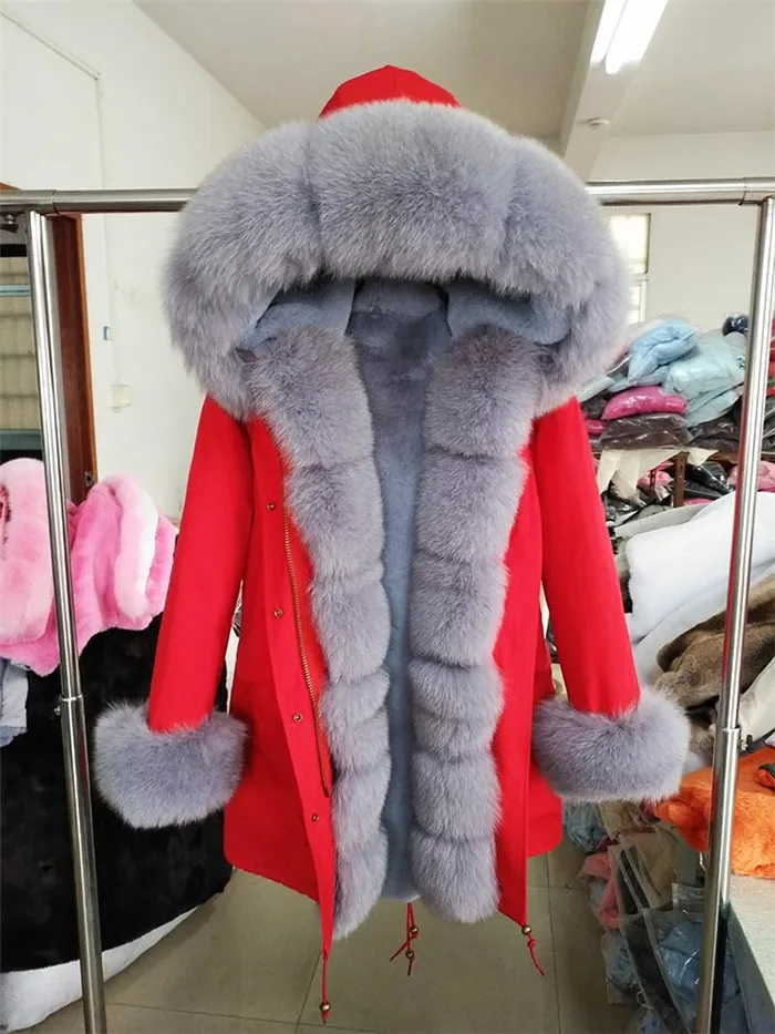 Red With light Grey Роскошное натуральное меховое пальто, женская парка с подкладкой из натурального кроличьего меха, большое теплое пальто с капюшоном из лисьего меха, верхняя одежда, зимняя куртка - Цвет: Red With light Grey