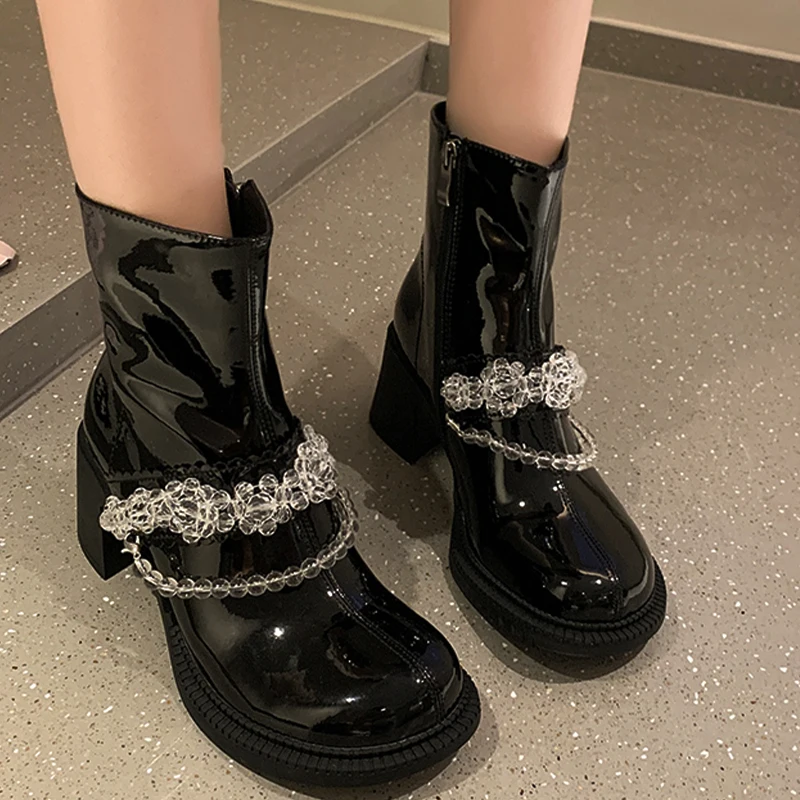 

Boots Women 2022 Winter New Ankle Mid Heels Fashion Designer Crystal Chunky Chelsea Snow Botas Zipper Platform Warm Female Shoes