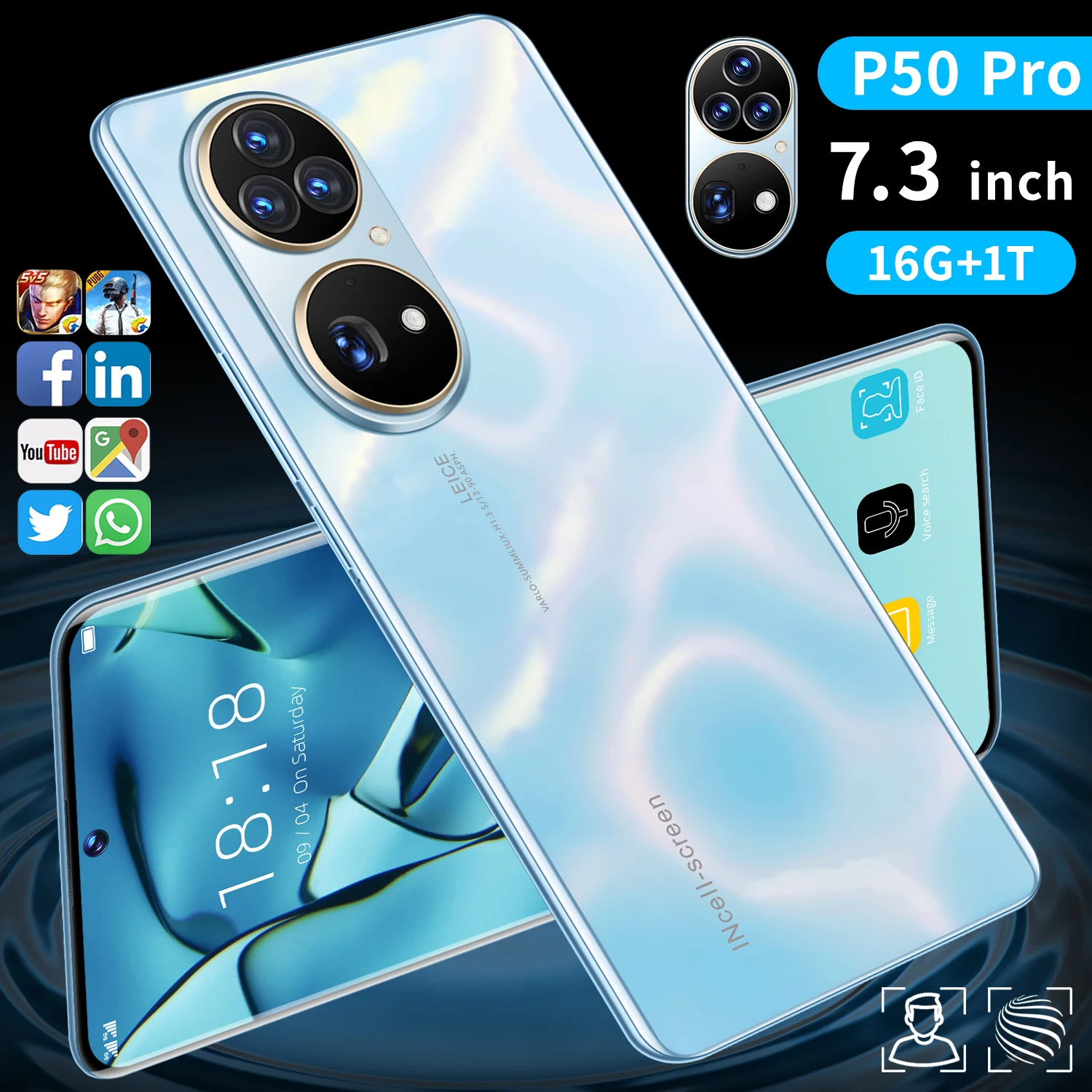

Smartphones P50 Pro 7.3 inch 16GB+1T Android 12 Dual SIM 36MP+64MP 6800mah Qualcomm 888 Face Unlocking Global Version Cellphone