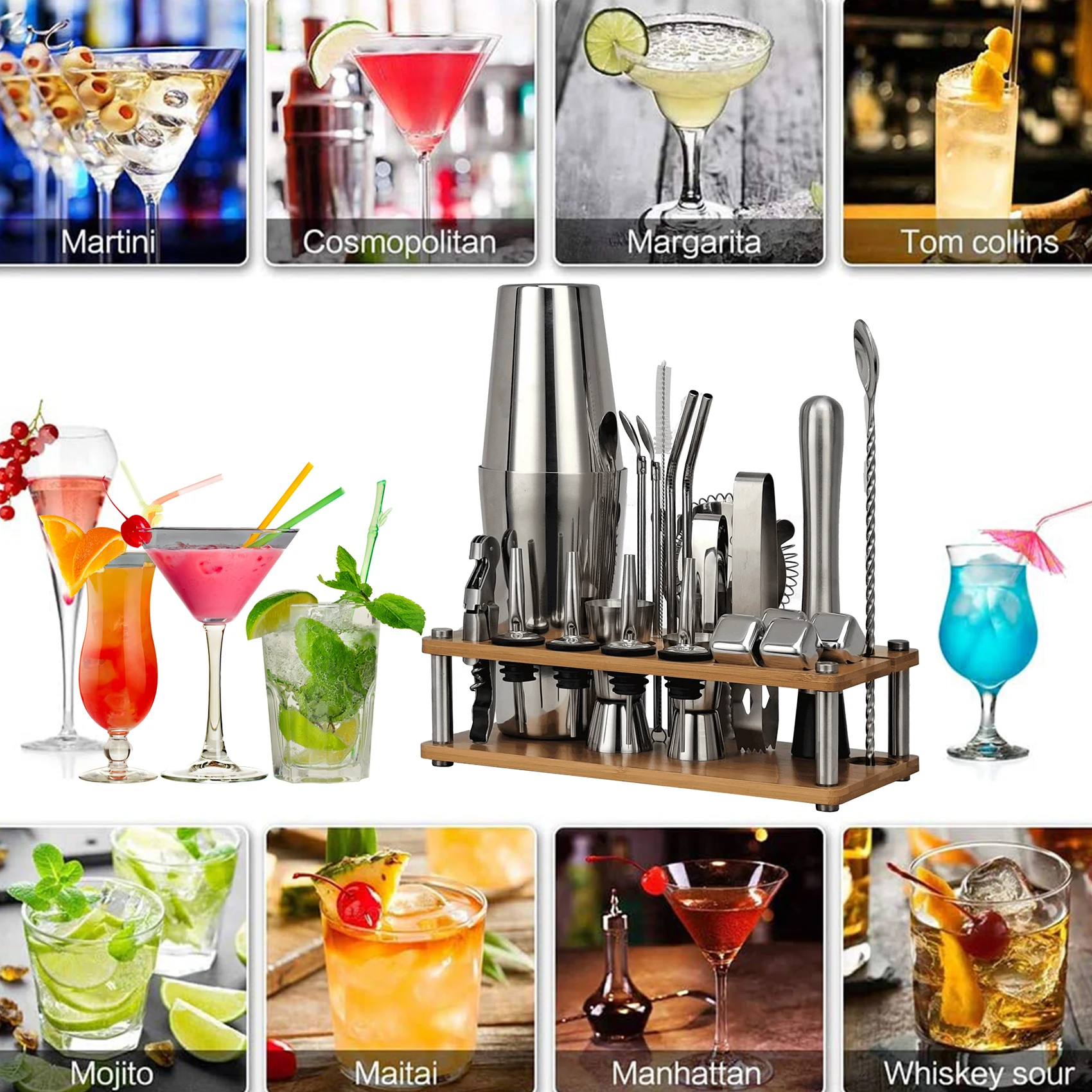 Juego de coctelera de 23 piezas, Kit de camarero con soporte de bamb&uacute; desmontable, herramientas de Bar para casa y fiesta de acero inoxidable, regalo perfecto-1