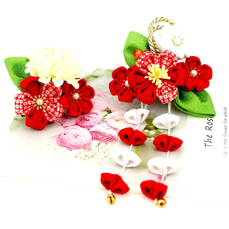 

2 шт., украшение для волос Kanzashi, разноцветное цветочное кимоно с красной сливой, аксессуар Yukata ручной работы, HW090