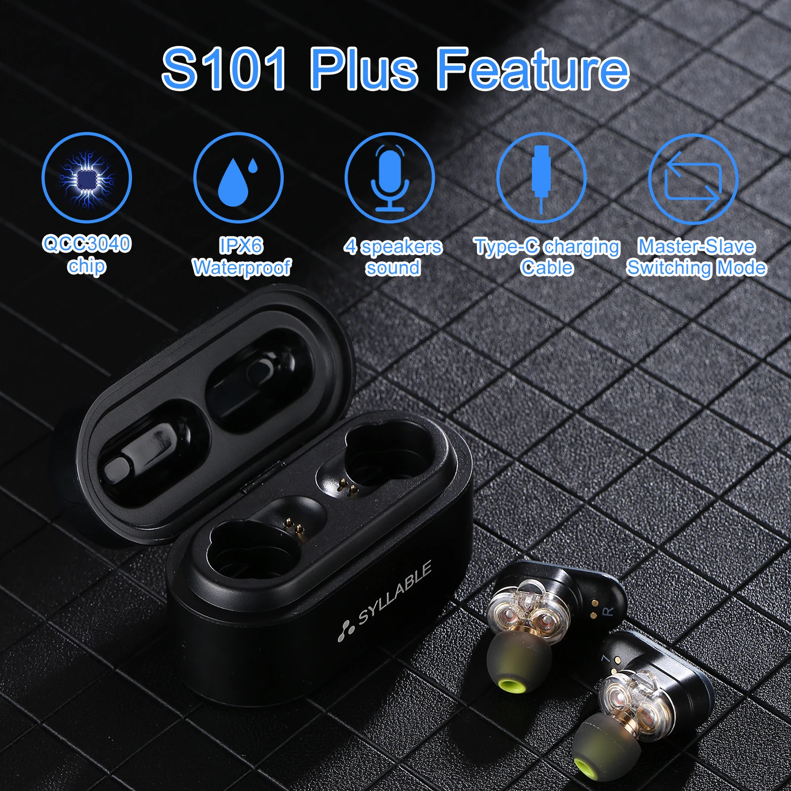 

Dual Dynamic Drivers SYLLABLE S101 Plus bass earphones Master-Slave Switching Mode wireless headset of QCC3040 Chip S101 plus