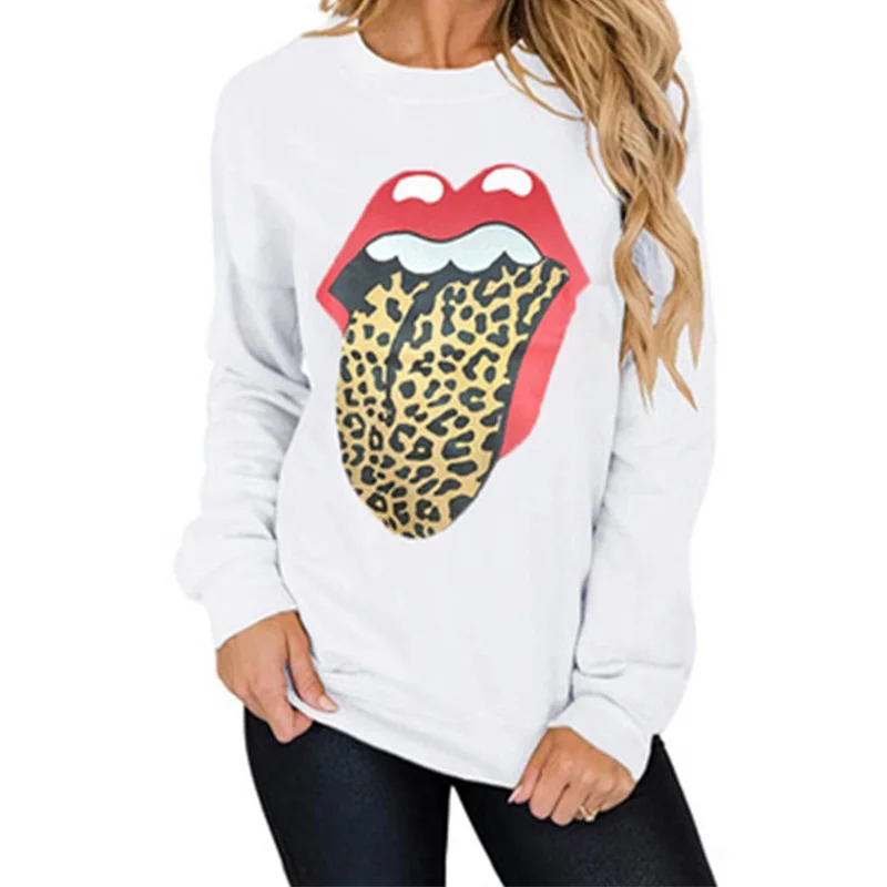 

2021 spring autumn hot-selling casual lip pattern printing round neck long sleeve loose hedging women's T-shirt