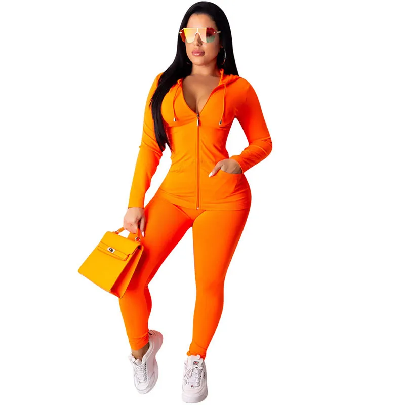 

Neon Green Orange Women Two Piece Sets Long Sleeve Zipper Hooded Sweatshirt Tops and Tight Pants Female Jogger Casual Sweatsuit
