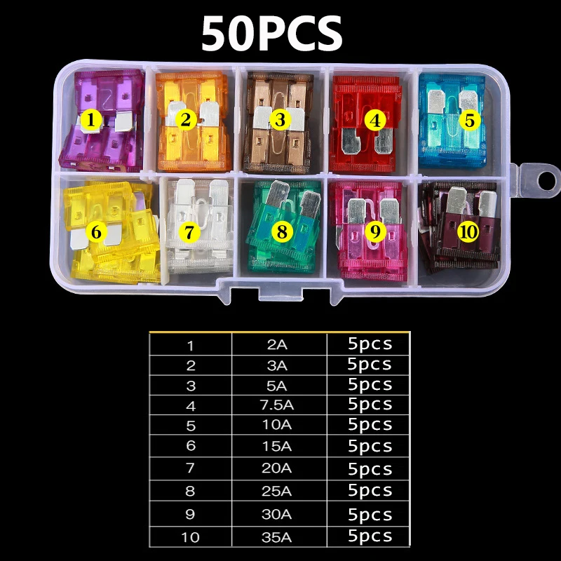 

100PCS 50PCS Car Fuses 2A 3A 5A 7.5A 10A 15A 20A 25A 30A 35A Amp with Box Clip Assortment Auto Blade Type Fuse Set Truck