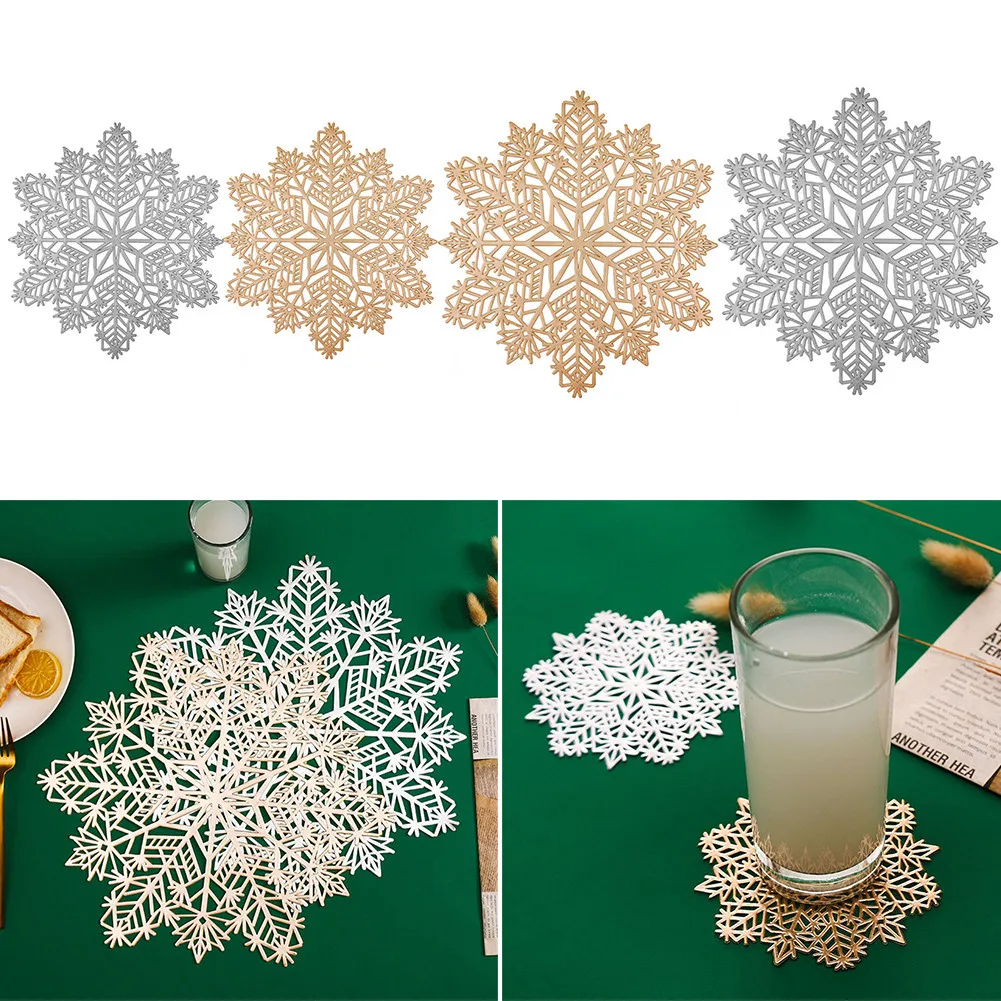 

2Pcs Snowflake Hollow Placemat Irregular Dinner Table Mat Christmas Table Decor PVC Pad Cup Dining Insulation Pads Kitchen Stuff