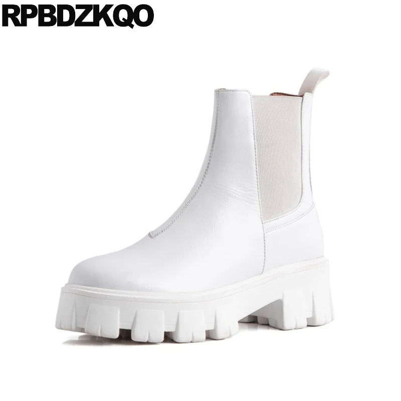 Белые Водонепроницаемые зимние женские ботинки челси без шнуровки роскошные