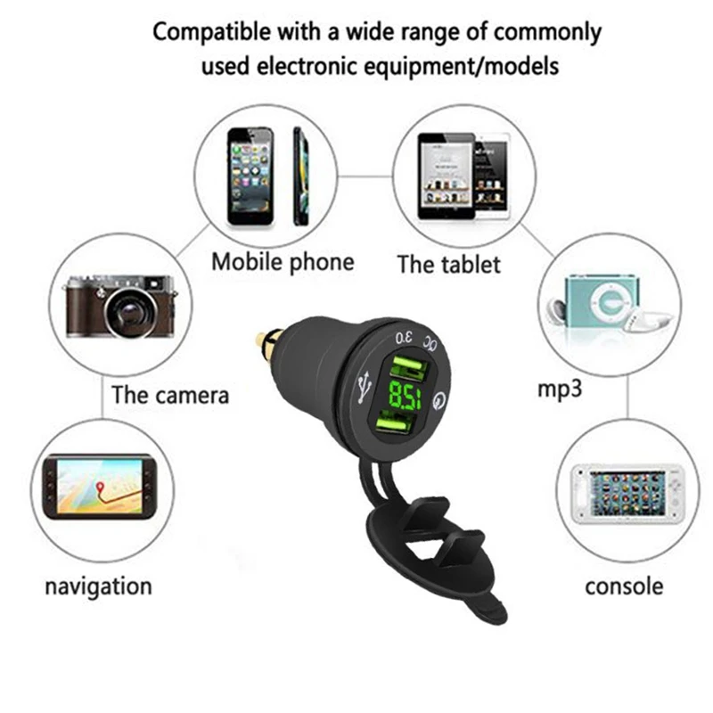

Car Charger QC3.0 Fast Charge Dual USB One with Two Digital Display Charger with Green Voltage