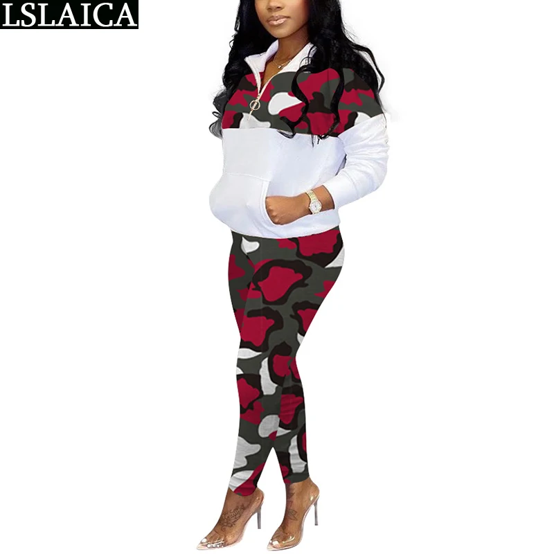 

2 Piece Sets Womens Outfits Camouflage Print Tracksuit Women Long Sleeve Zipper Pocket Tops & Full Length Pants Set Lounge Wear