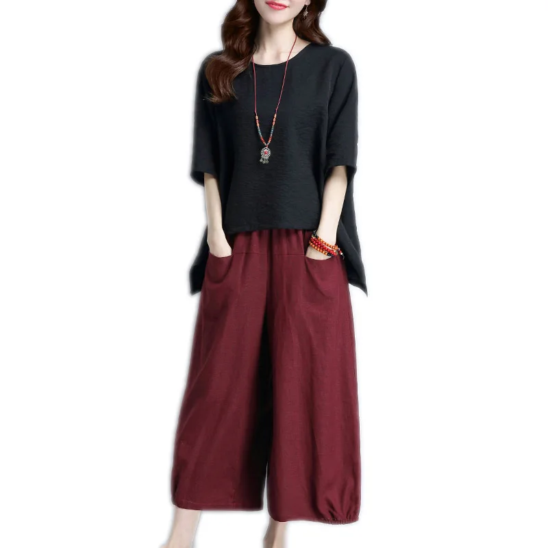 

Summer Suit Female Fashion Two-piece Suit 2020 New Two-piece Cotton and Linen Dress T-shirt Female Wide-leg Pants