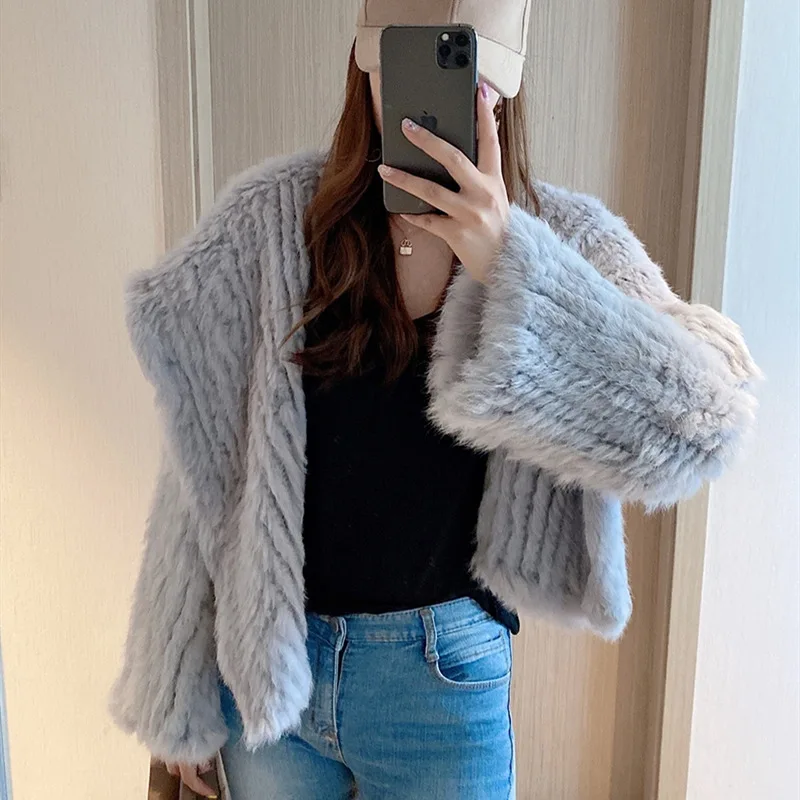 Natural Rabbit Fur Women Winter Hooded Coats Hand Made Double-sided Knitted Short Female Fashion Solid Fur Overcoats 3 Colors enlarge