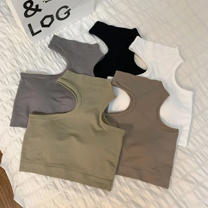 

Asymmetric Tank Tops With Bra Solid Skinny Turtleneck Sleeveless Cotton Summer Crop Top Female Streetwear Vest Tanks Teenager