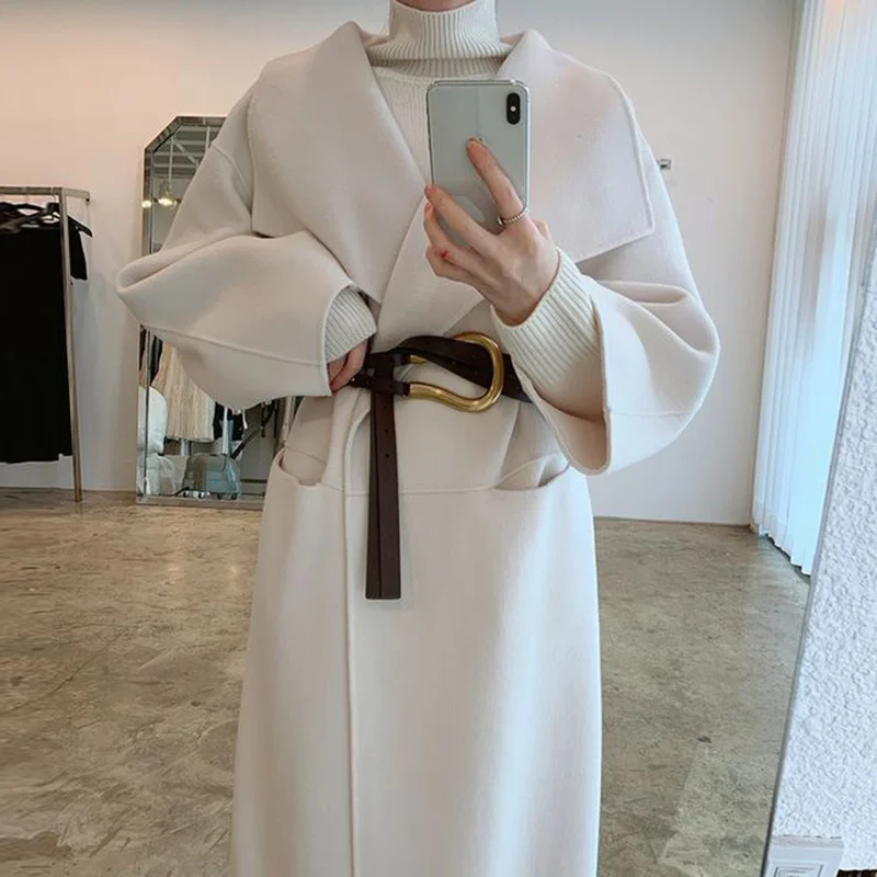 

Korean Female Overcoat French Temperament Large Lapel Double Pockets Loose Knee Length Wool Coat With Belt