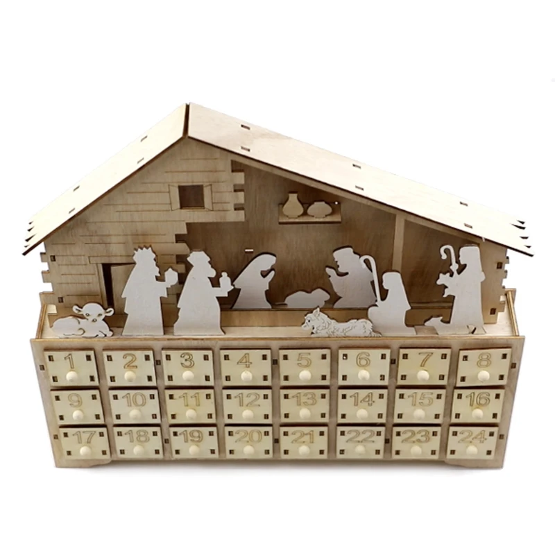 

Nativity Manger Scene Wooden Advent Calendar Battery-Operated LED Lighted Christmas Countdown Ornament with Drawer Decor