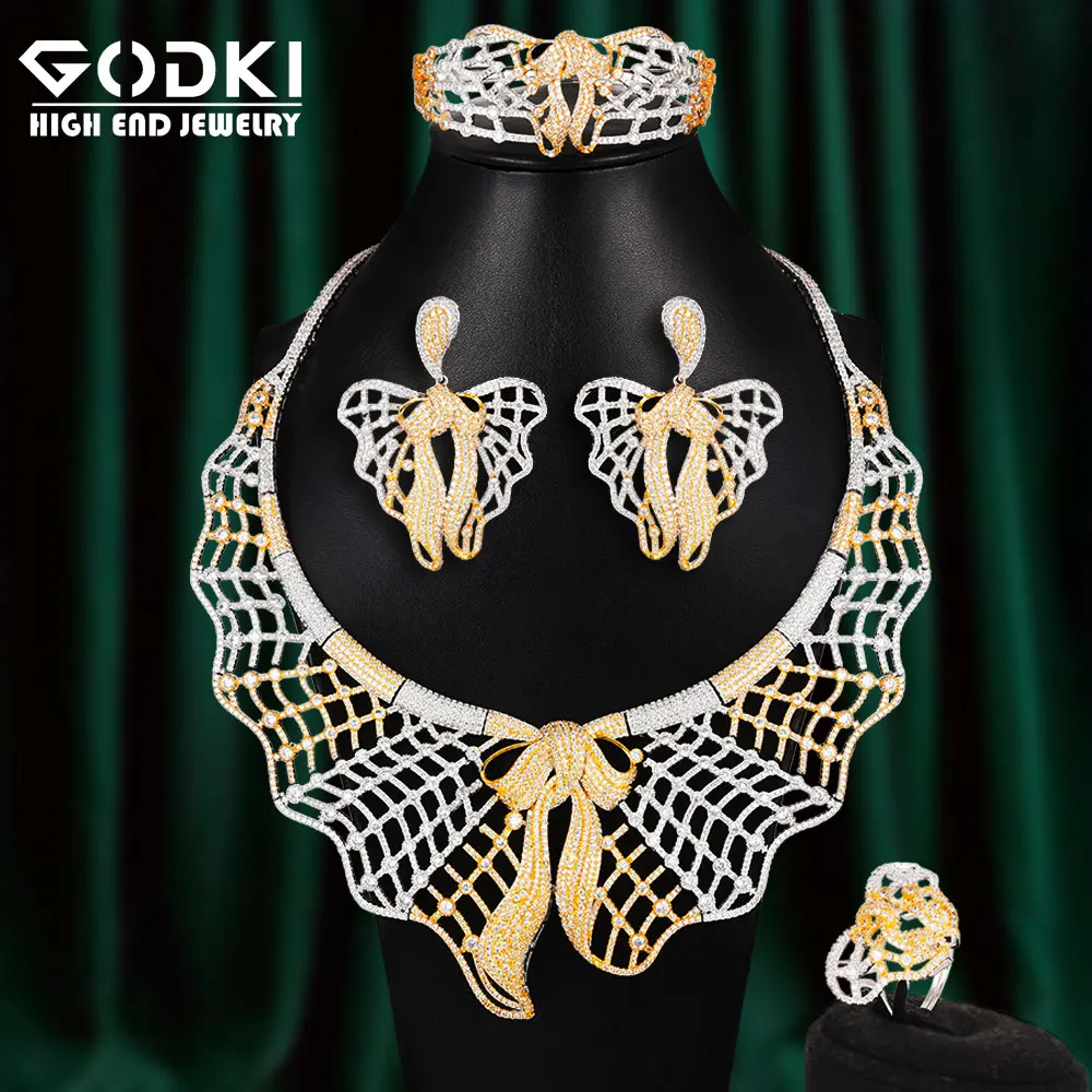 

Женский комплект ювелирных изделий GODKI, из 4 предметов, с милыми бантиками, с фианитом, для свадьбы, из Дубаи, Нигерии, с кристаллами, вечерние