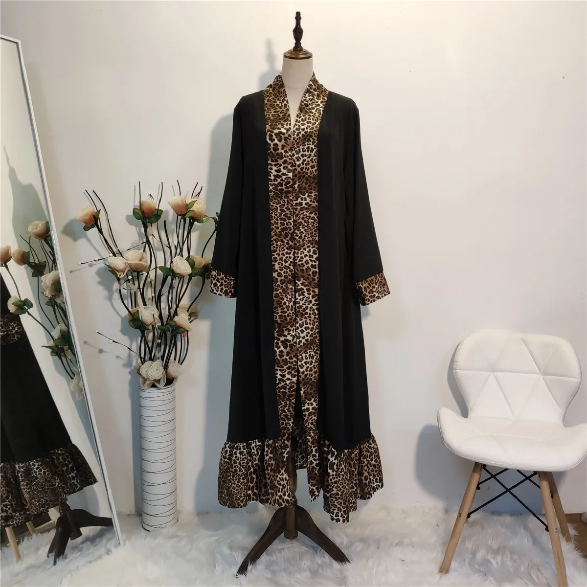 

WEPBEL Full Sleeve Fashion Abaya Women's Leopard Long Maxi Dress Kimono Cardigan Open Dress Muslim Islamic