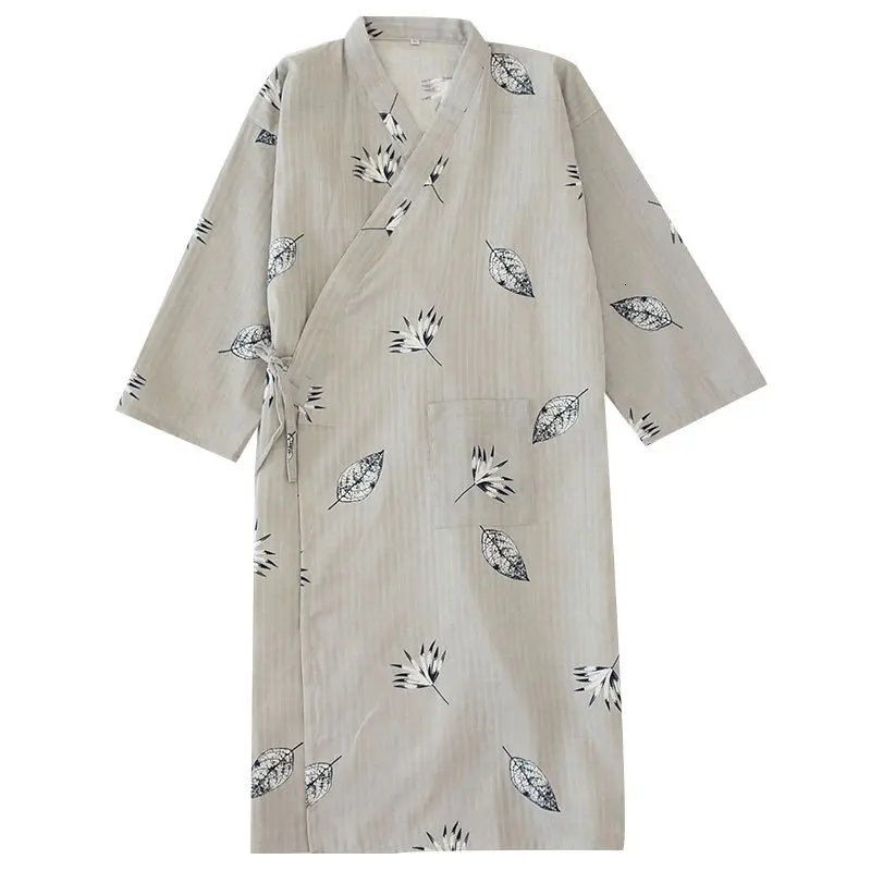 

Men's Kimono Cotton Gauze Thin Summer Leaves Cardigan Long Bathrobes Breathable Homewear Loose Japanese Traditional Yukata