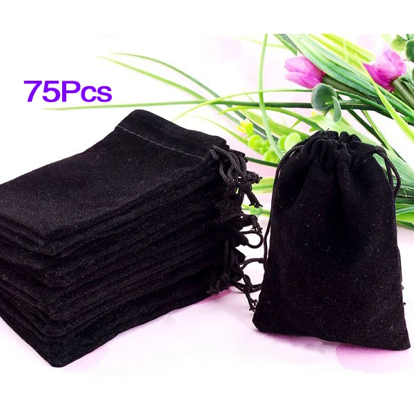 

75X черные бархатные подарочные мешочки для ювелирных изделий на шнурке, популярные мешочки