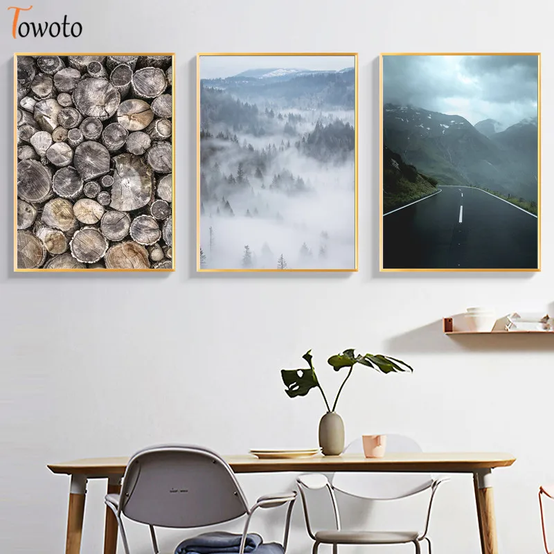 Туманный пейзаж горный зеленый лес печать скандинавский постер Картина на