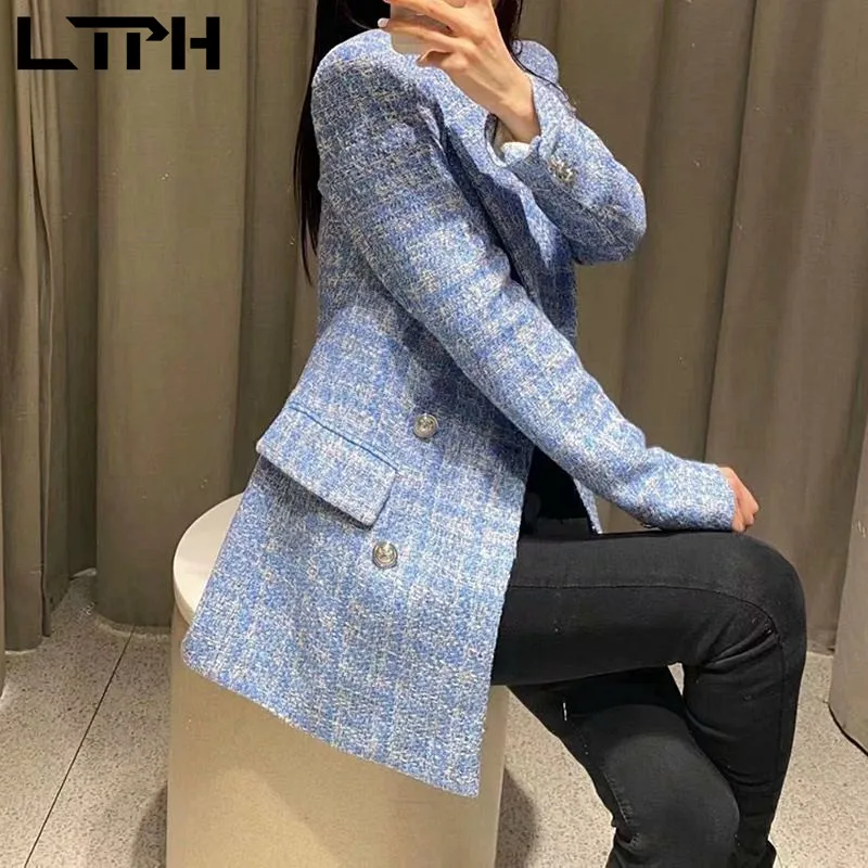 LTPH-Chaqueta de tela de lana a cuadros para mujer, chaqueta de manga larga con doble botonadura, traje de oficina, abrigo, primavera 2021