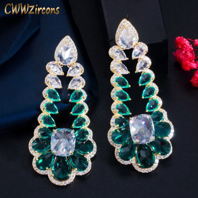 CWWZircons Famous Design Multi Color Cubic Zirconia Long Drop Green Earrings for Women Bridal Costume Summer Party Jewelry CZ842