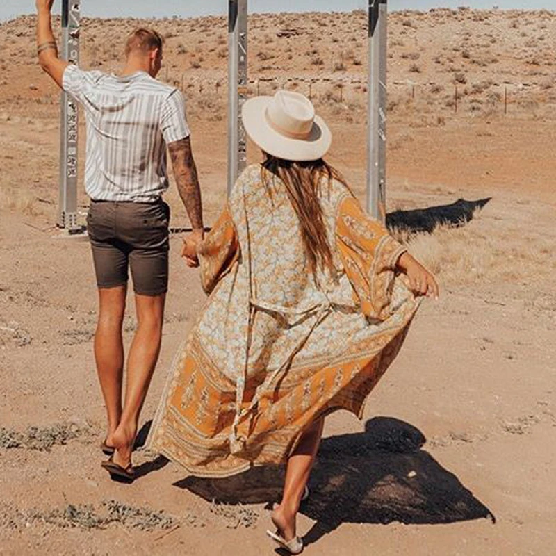 Шелковистое кимоно из полиэстера платье бохо красное с принтом осенние платья