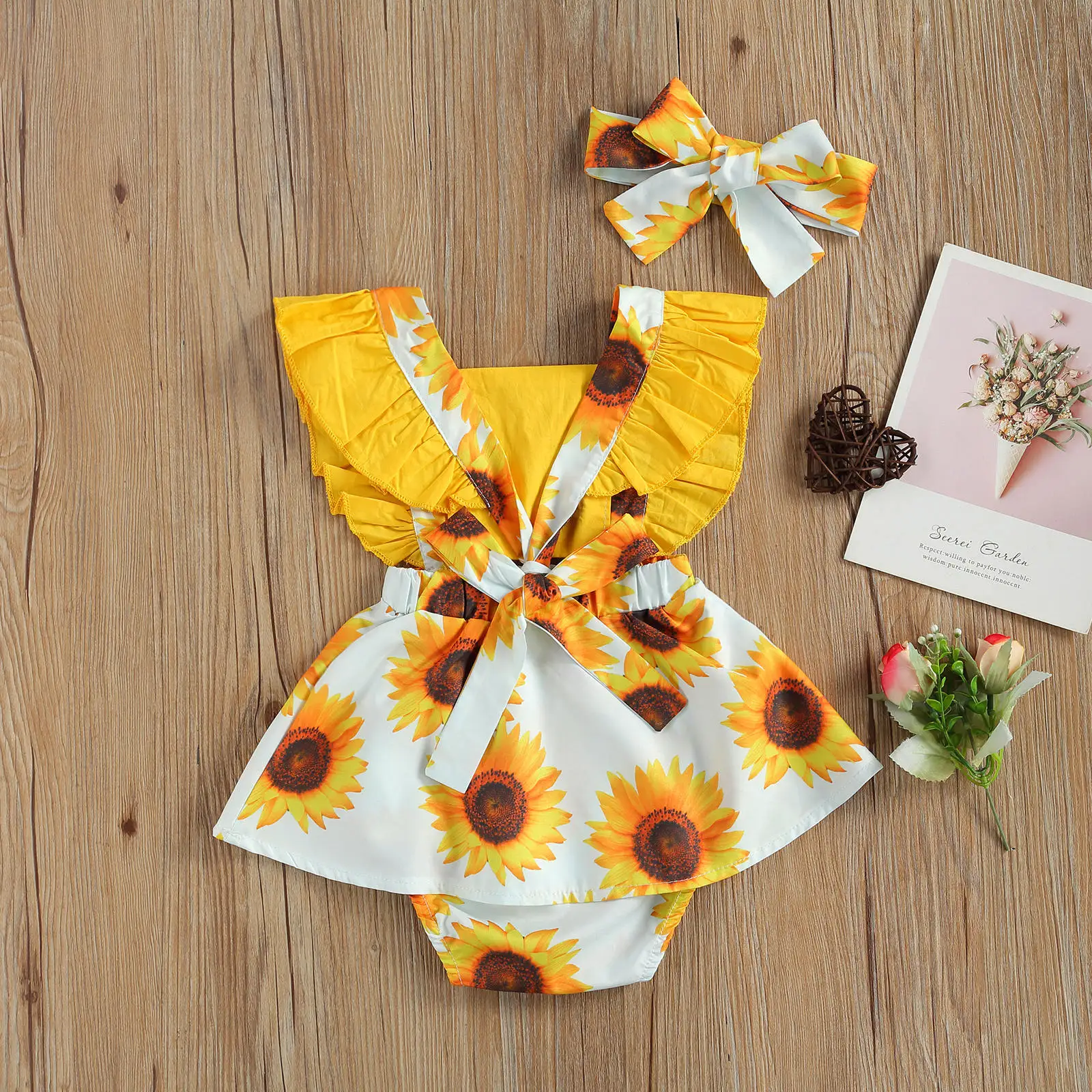 

0-24 Months 2pcs Baby Bodysuit Toddlers Outfits Sunflower Print Square Collar Sleeveless Bodysuit + Bowknot Headband Baby Girls