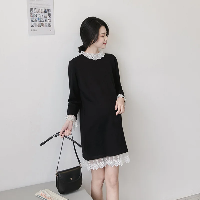 

Lace Collar Maternity Dress Autumn And Winter Clothes Knit Sweater Casual Pregnant Woman Dress Comfortable Maternity Black