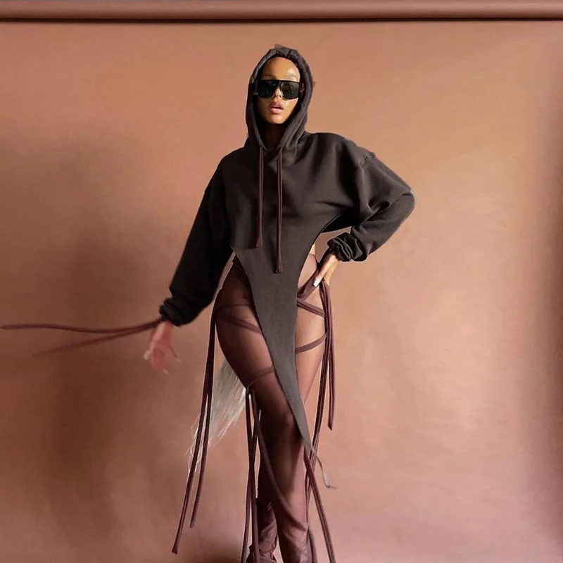 

Egood 2021 Autumn and Winter Hot Products New Fashion Trend Short Solid Color Lanyard Hooded Hollow Casual Sweater Women