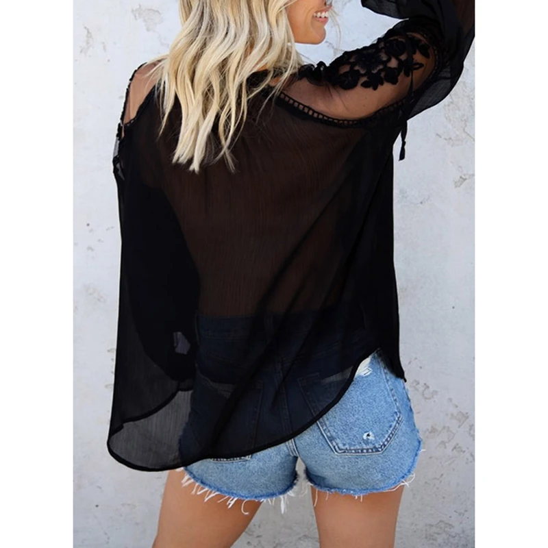 

Ladies Mesh Lace Hook Flower Lantern Sleeve Loose Chiffon Retro Blouse Women Fashion Casual Shirts