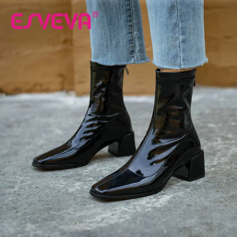 

Женские ботильоны из микрофибры и лакированной кожи ESVEVA, зимние ботинки с квадратным носком, на квадратном каблуке, на молнии, размеры 34-39, ...