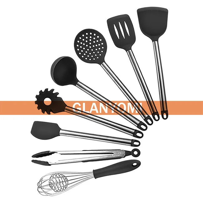 Black 8PCS-A Новая силиконовая ложка для приготовления пищи из нержавеющей стали, ковш для супа, лопатка для яиц, кухонные инструменты, набор посуды для приготовления пищи, красный, черный - Цвет: Black 8PCS-A