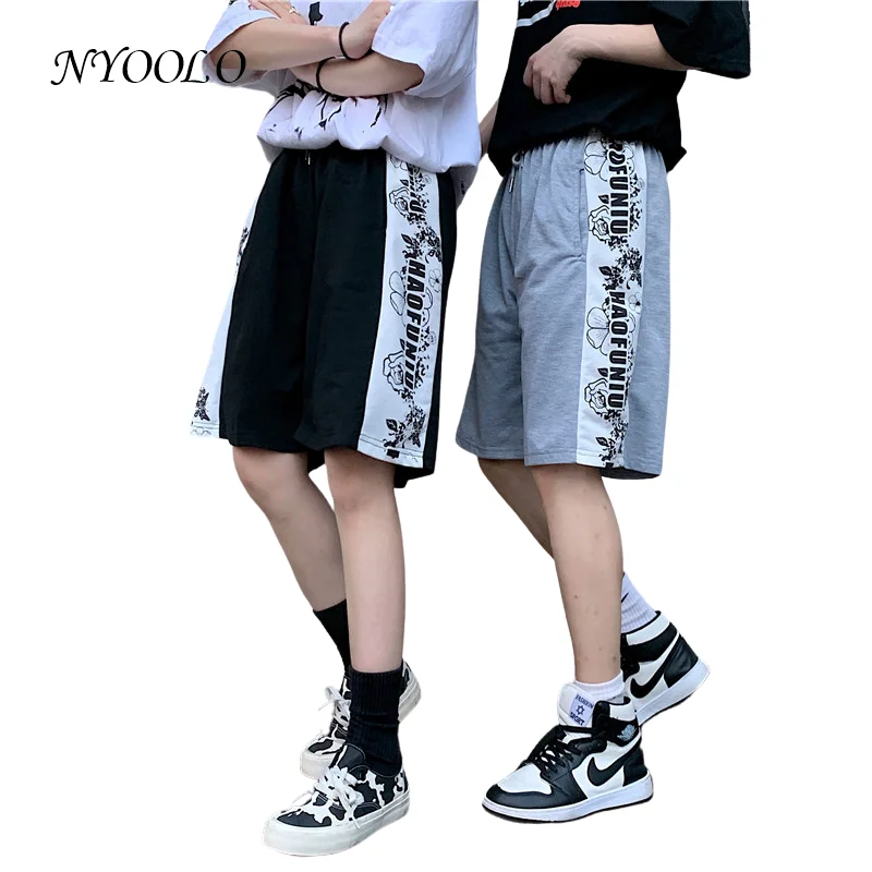 

NYOOLO Casual Vintage Streetwear Flower Letters Print Patchwork Elastic High Waist Shorts Women Men Summer Loose Hip Hop Wear