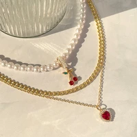 just feel fashion shiny heart cherry crystal pendant necklace for women multilayer imitation pearls metal chain necklace jewelry