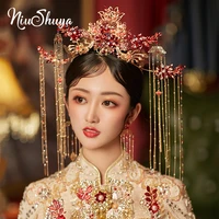 niushuya vintage chinese satyle gold beaded bridal headdress jewelry ancient hair crown long tassel women wedding hair ornaments
