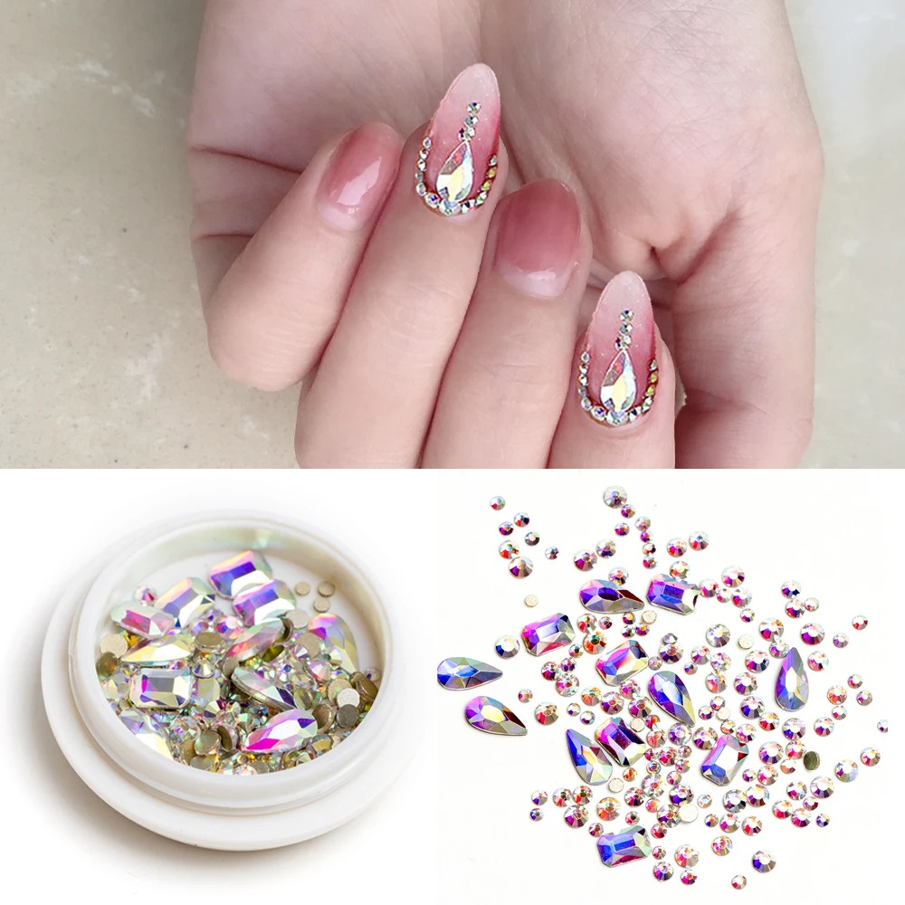 

1 Box Nail Art Decorations Geometry Gems Mixed Size Different Shapes Glitter 3D Colorful Rhinestones AB Flat Back Shiny Stones