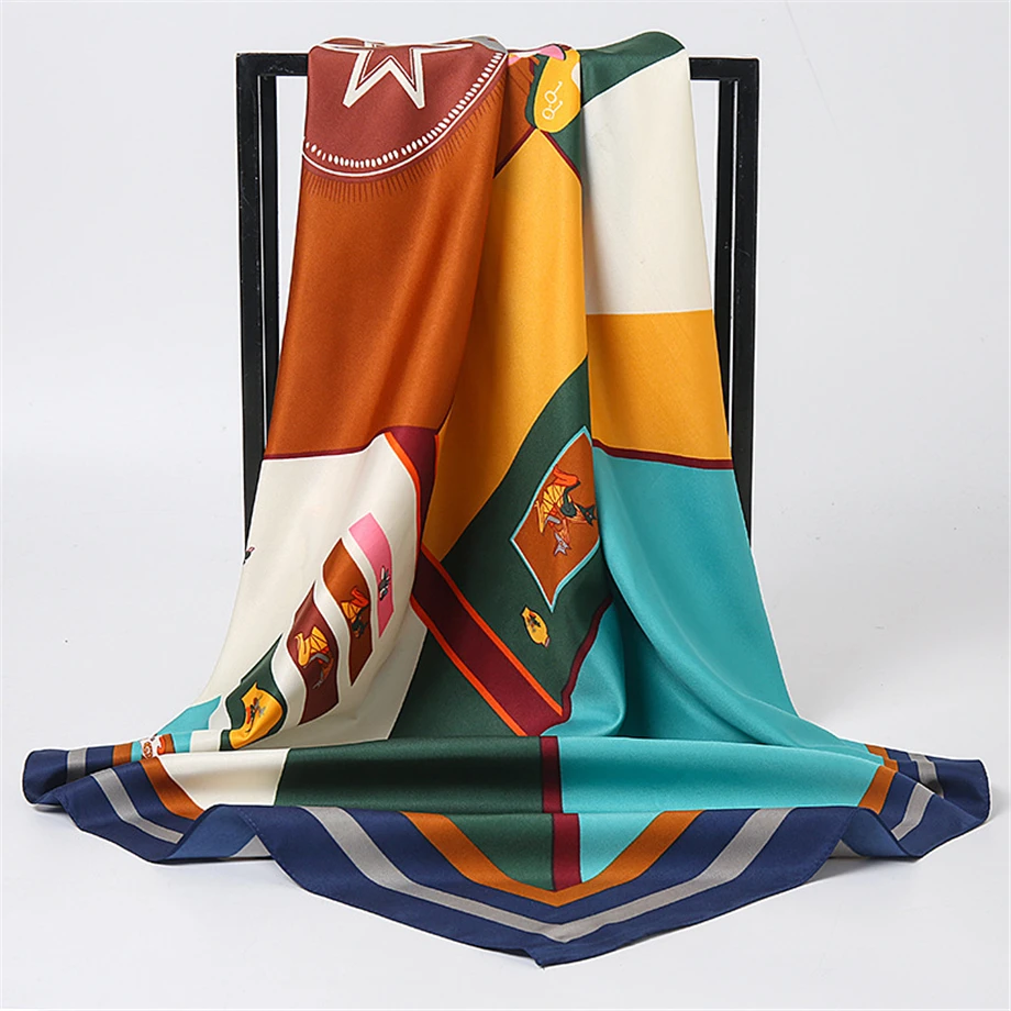 

Летний женский шарф, саржевая шелковая бандана, Женская шаль, палантины, Мультяшные квадратные шарфы, модный хиджаб, шейный платок, головная...