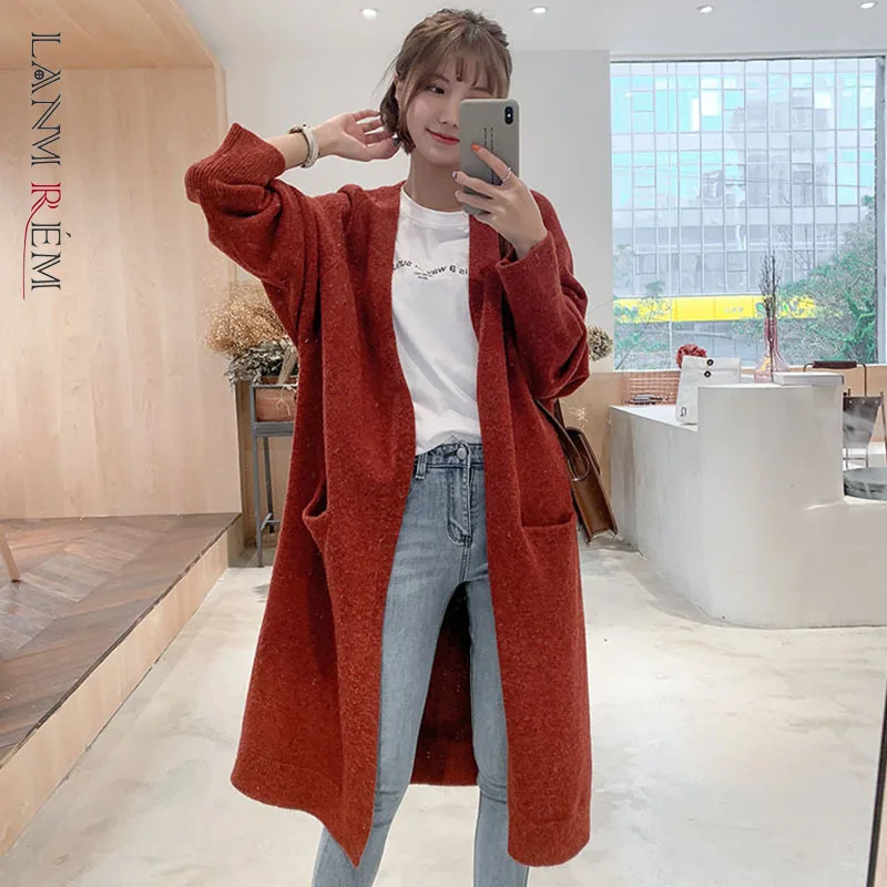 

LANMREM 2021 осенне-зимнее новое трикотажное пальто женский Кардиган с длинным рукавом свободный Однотонный свитер средней длины Женская мода ...