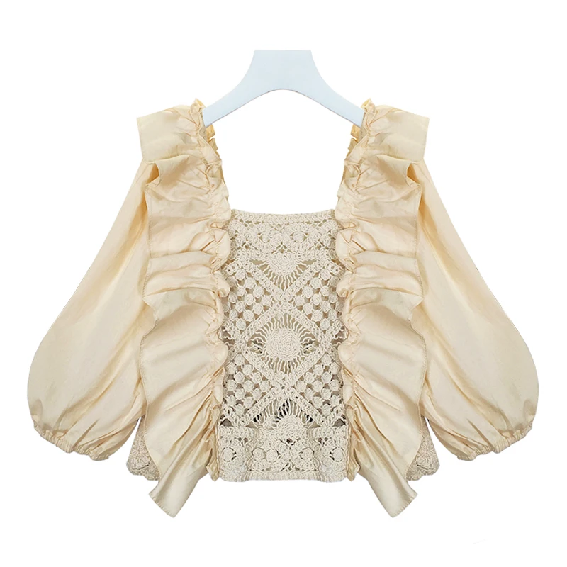 

PERHAPS U Women Beige White Solid Top Shirt Slash Neck Short Sleeve Spring Summer Puff Sleeve Lace Hollow Out Blouse B0640