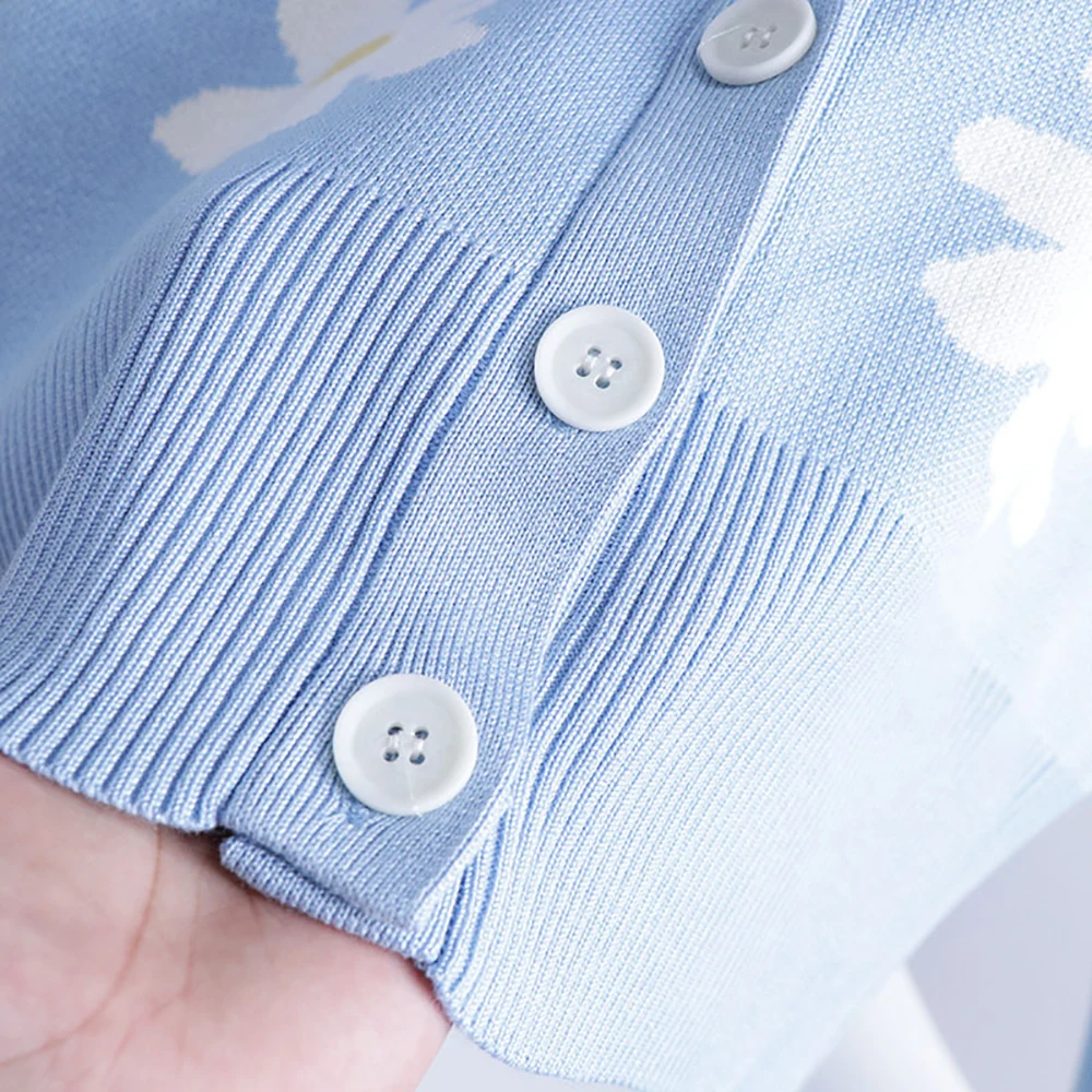 

Autumn Spring Flower Print Button Up Knitted Sweater Cardigan Women Fashion Elegant Loose Baggy Long Sleeve Top V-Neck Tops