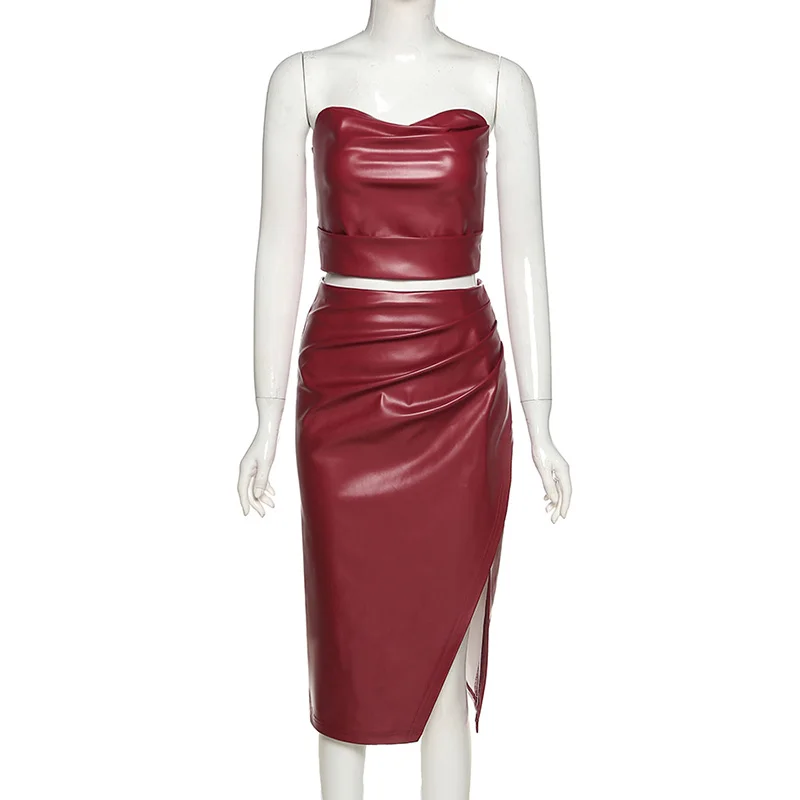 

women's PU skirst Suit Autumn and winter sexy faux leather T-shirt slim fit bag hip slit skirt suit Backless skirts