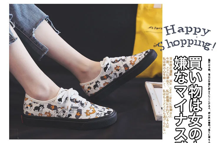 Cat Kitty Cartoon Canvas Shoes Women Autumn Summer Graffiti Women Sneakers Korean Edition White Vulcanize Shoes