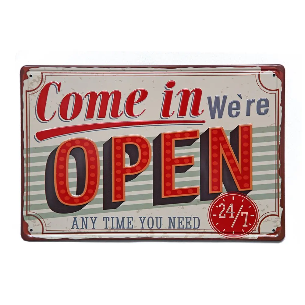 

Заходите, мы открыты, металлический жестяной знак, винтажный Ретро Декор стен, 8x12 дюймов (20x30 см)