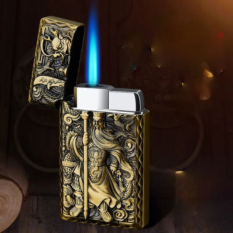 

Personality Creative Embossed Pattern Loudly Into The Windproof Blue Flame Steel Tone Lighter Regalos Para Hombre Originales