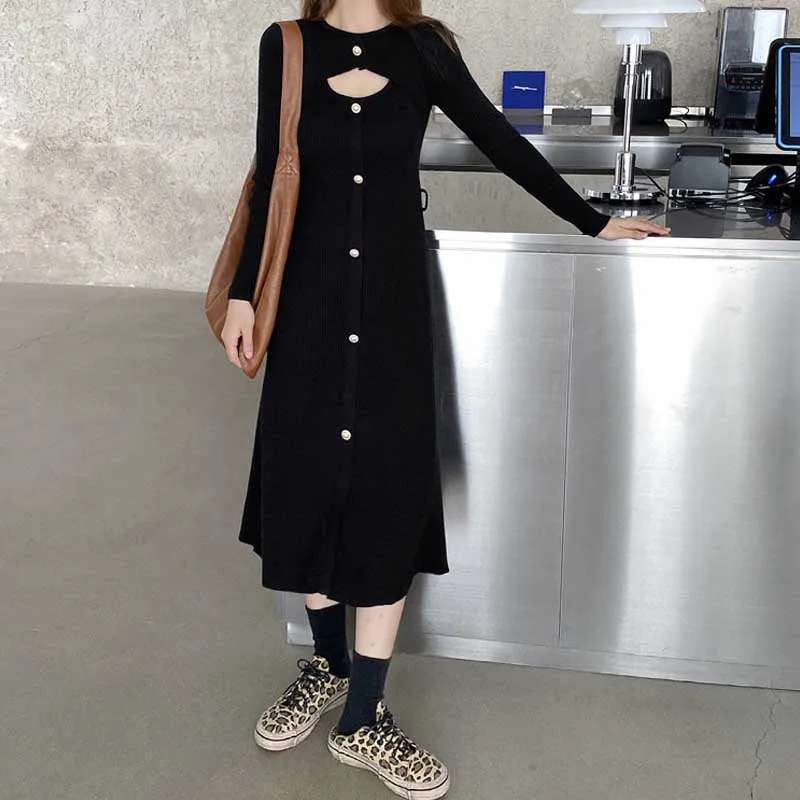 

French Autumn Winter Women Knitted Sweaters Dress 2021 One-Piece Slim Single-Breasted Long Sleeves Dress Korean Elegant Dress