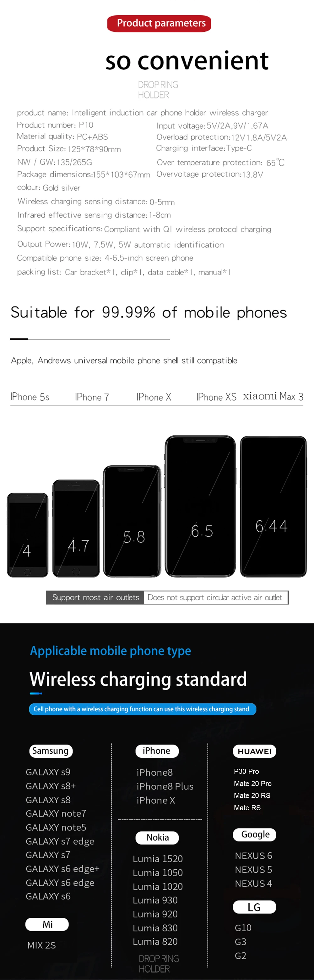 Модное Беспроводное зарядное устройство Qi 10 Вт для iPhone XS X 8 с окружающим потоком светодиодный Автомобильный держатель для телефона samsung S9 S10 huawei