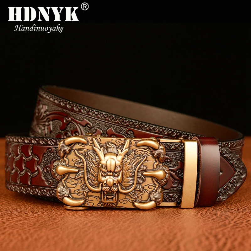 New Dragon Pattern Belt for Men Retro Automatic Buckle Arts and Crafts Belt Men Genuine Leather Waist Band Honorable Strap