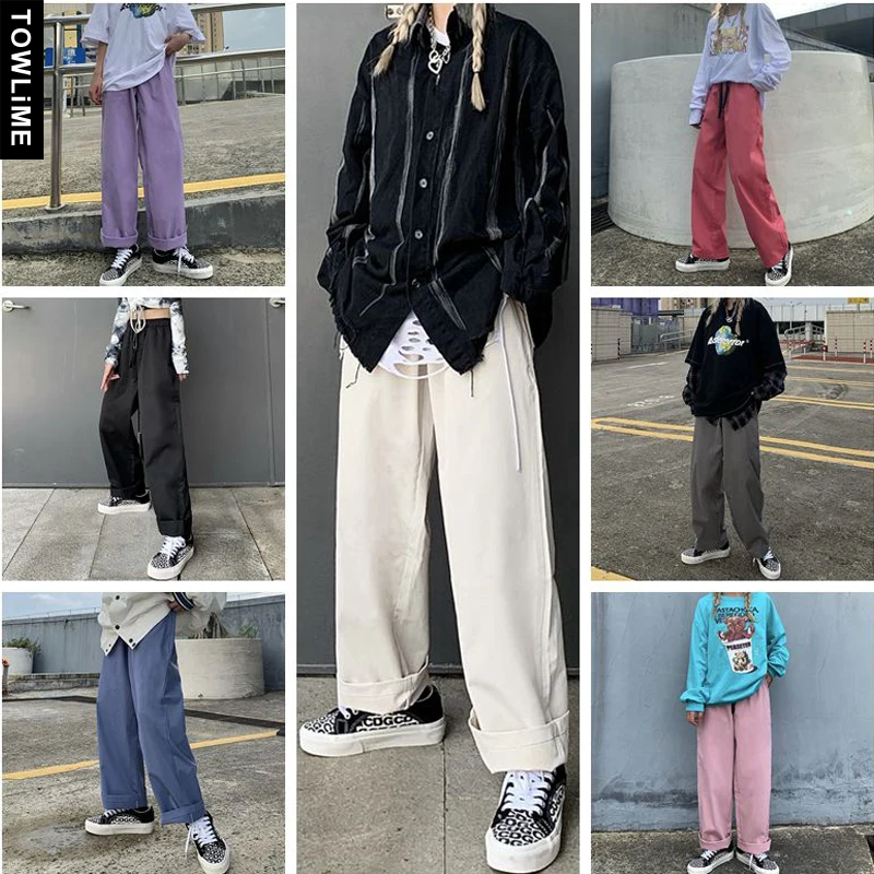 

Women's High Waist Straight Full-Length Pants 2021 Fashion Casual Loose Solid Color Trousers Men Harajuku Streetwear Pantaloons