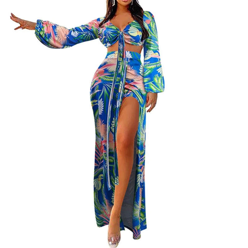 

Women Leaves Print 2pcs Bikini Swimsuit Set Puff Long Sleeve Crop Top Maxi Skirt R3ME